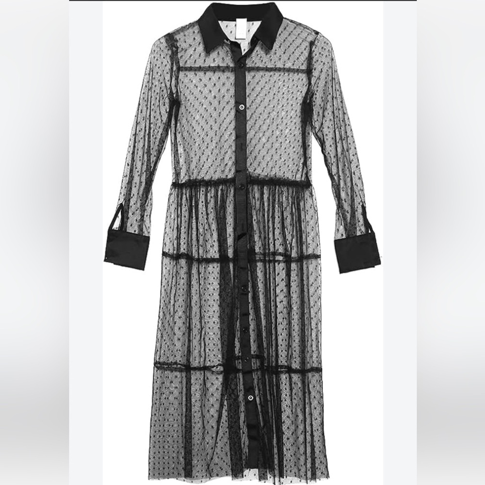 Black Polka Dot Sheer Mesh Fairy Maxi Dress Button Front Tiered
